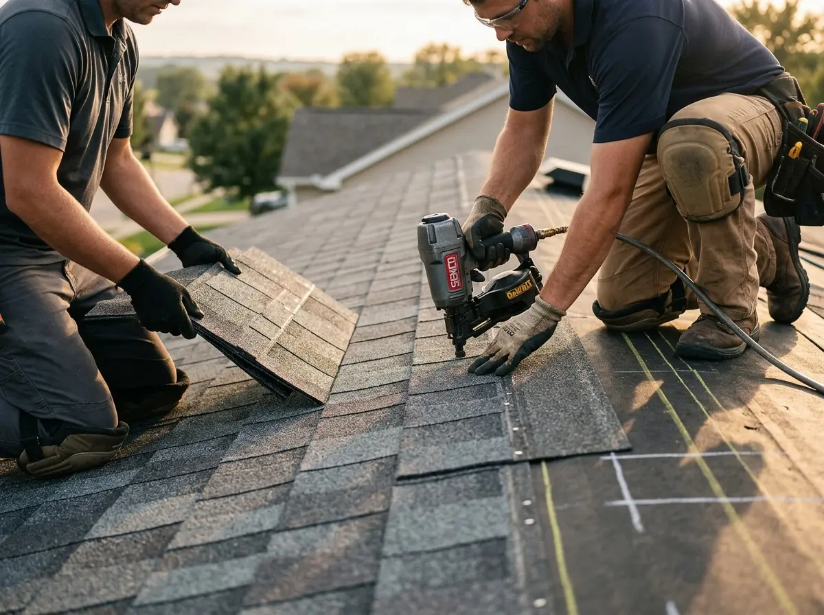 Professional roofer working on a residential roof in Millbrae